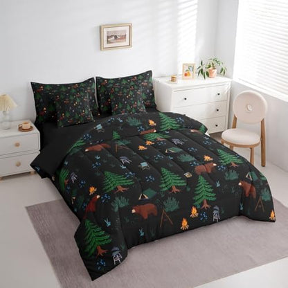 Erosebridal Hunting Bear 7 Piece Comforter Set Twin Bed in a Bag,Happy Camping Bedding Set for Kids,Camper Theme Down Comforter,Pine Tree Woodland Sheet Set,Wild Animals Quilt Bedroom Decor,Black