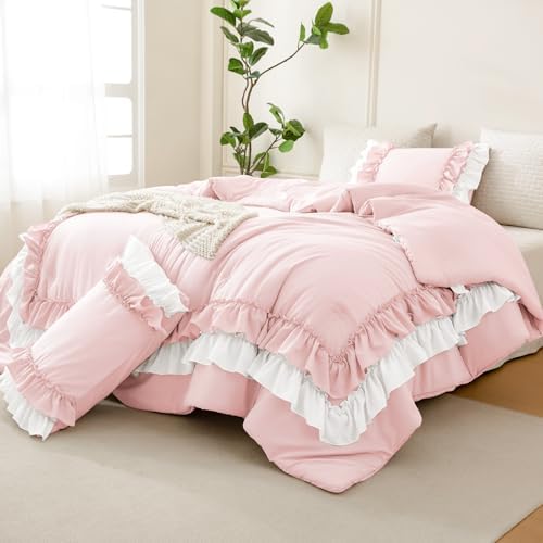 Masaca Ruffled King Comforter Set,Farmhouse Shabby Boho Bedding Comforter Lightweight Ultra Soft Pink and White Vintage French Country Bedding Set 3Pcs (1 Ruffle Comforter and 2 Pillowcases)