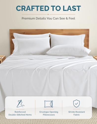 Casa Platino Cal King Sheets Set –100% Cotton Cal King Sheets with 4 Pillowcases, Lightweight Feel & Secure Fit, Crisp & Breathable Percale Weave with 15" Deep Pocket, Soft and Cozy – Pure White