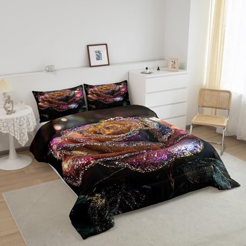 jejeloiu Glitter Rose Comforter Set Queen Size Kids Floral Flower Bedding Set for Boys Girls Teens Garden Flower Duvet Breathable Romantic Quilt Bedroom Decor,1 Comforter with 2 Pillowcase