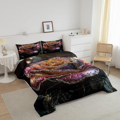jejeloiu Glitter Rose Comforter Set Queen Size Kids Floral Flower Bedding Set for Boys Girls Teens Garden Flower Duvet Breathable Romantic Quilt Bedroom Decor,1 Comforter with 2 Pillowcase
