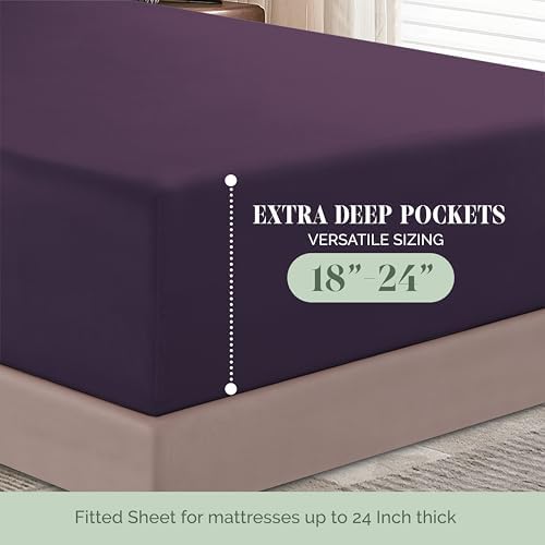 Elegant Comfort 1500 Premium Hotel Quality 18-24 Inches Deep - Extra Deep Pocket Single Fitted Sheet for High Mattress, Luxury and Softest, Smart Pocket - Wrinkle Free, Queen, Purple