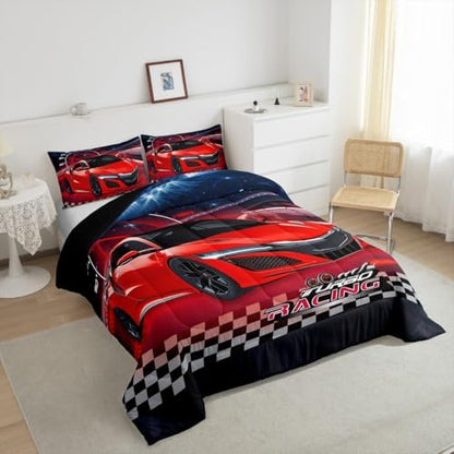 Feelyou Ombre Racing Car Bedding Set King Size Kids Red Speed Sports Car Bedding Set for Boys Girls Teens Extreme Sports Duvet Quilt Breathable Soft Lightweight Microfiber Room Decor