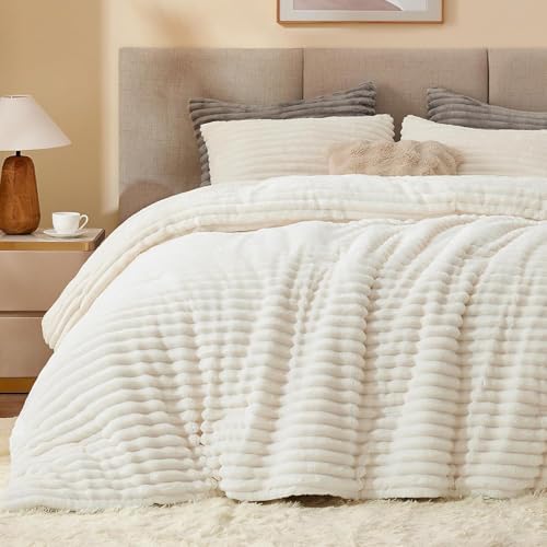 BEDELITE Fleece Oversized Queen Comforter Set, Fluffy Bed Set, Cream White