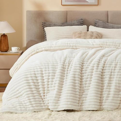 BEDELITE Fleece Oversized Queen Comforter Set, Fluffy Bed Set, Cream White