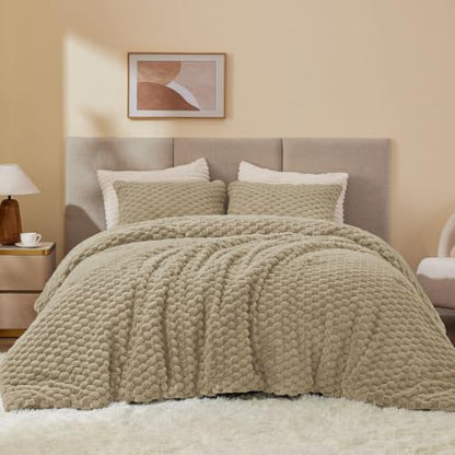 BEDELITE Fluffy King Size Comforter Set, Taupe Fleece Bed Set 3 Pieces