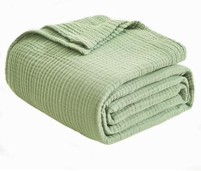 EMME Cotton Muslin King Blanket 4 Layer, Ultra Soft Breathable Bed Layering Bedspread Coverlet Breathable Gauze Lightweight (Sage Green, 108"x90")