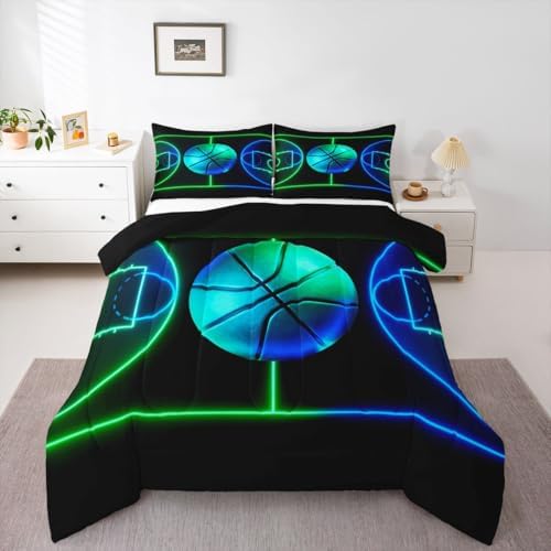 Basketball Comforter Set Twin,Sports Games Bedding Set 2Pcs for Kids Teens Boys Room Decor,Green Blue Neon Geometric Lines Basketball Court Pattern Duvet Insert with 1 Pillowcase, Black