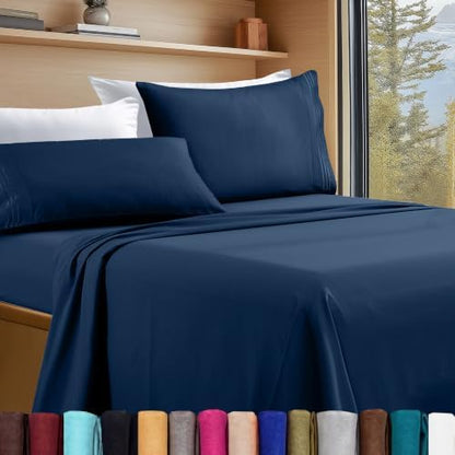 Elegant Comfort Luxury 4-Piece Bed Sheet Set - Luxury Bedding 1500 Premium Hotel Quality Microfiber, Wrinkle Resistant Cool and Breathable, Easy Elastic Fitted, RV Short Queen, Navy Blue