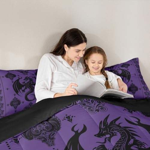Purple Black Dragon Bedding Set Full Size,Vintage Boho Floral Print Comforter Set 3Pcs,Paisley Pattern Quilt Set for Kids Boys Girls Adult Room Decor Exotic Trippy Duvet Insert,2 Pillowcases