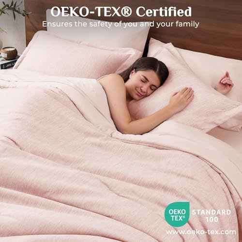 JOLLYVOGUE Rose Pink King Comforter Set, Cationic Dyeing Bed in a Bag King 7 Pieces, Double-Tone Bedding Set with Down Alternative Comforter, Sheets, Pillowcases & Shams