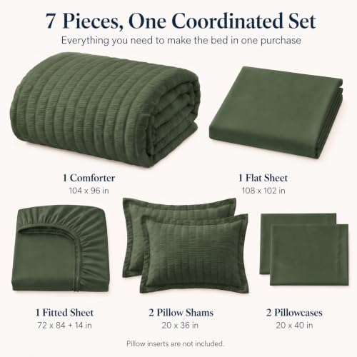 CozyLux California King Comforter Set, Olive Green Seersucker Bed in a Bag