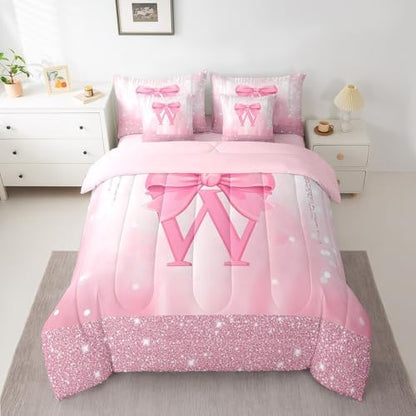 Feelyou Boys Girls Pink Bowknot Comforter Set with Sheets Full Size, Personalized Initial W 7 Pieces Bedding Set Princess Glitter Bed in A Bag Kids Bow Monogrammed Teens Bed Set Bedroom Decor 7Pcs