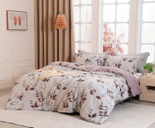 SLEEPBELLA Comforter Queen Size, 600 Thread Count Cotton Burgundy Botanical with Grey Floral Pattern Pink Reversible Comforter Set,Down Alternative Bedding Set 3Pcs(Queen, Burgundy Botanical)