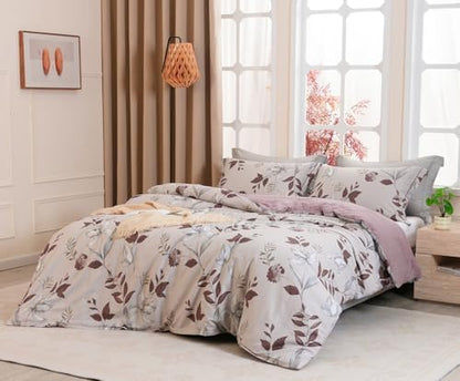 SLEEPBELLA Comforter Queen Size, 600 Thread Count Cotton Burgundy Botanical with Grey Floral Pattern Pink Reversible Comforter Set,Down Alternative Bedding Set 3Pcs(Queen, Burgundy Botanical)