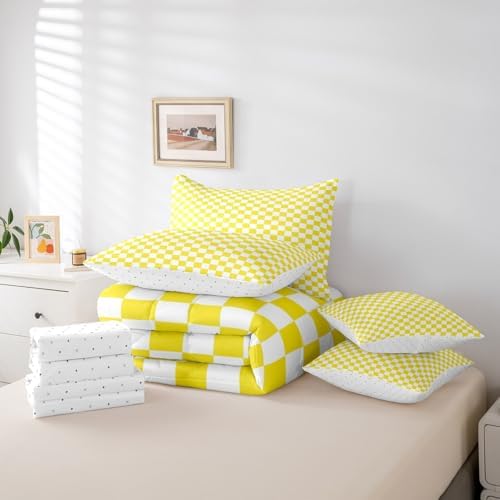 jejeloiu Checkerboard Grid Comforter Set with Sheets 7 Piece Full Size