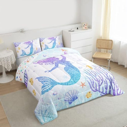 Castle Fairy Mermaid Bedding Set Full Size Rainbow Watercolor Glitter Comforter Set for Kids Girls Women Teens Room Decor, Mermaid Fish Scale Quilt Set Ocean Coral Shell Duvet Insert 3pcs