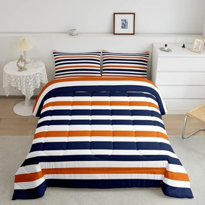Homewish Stripe Art Comforter Set King Size Blue and Orange Room Decor for Woman Men Modern Simple Comforter Aldults Bedroom Stripes Bedding Set 1 Comforter with 2 Pillow Cases,Lightweight Warm Soft