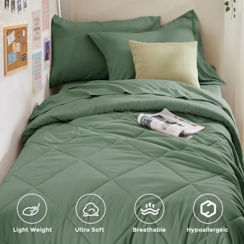 HEVUMYI 5-Piece Twin Comforter Set, Sage Bed in a Bag