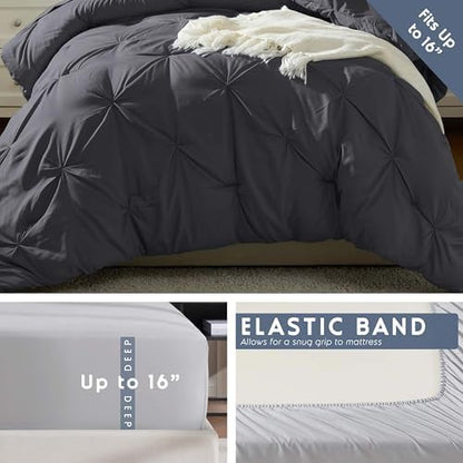 Nestl 7 Piece Twin Comforter Set – Dark Grey Pinch Pleated Bed in a Bag – Complete Twin Size Bedding Set with Sheets, Set of 2 Cooling Pillows, Pillowcase and Sham