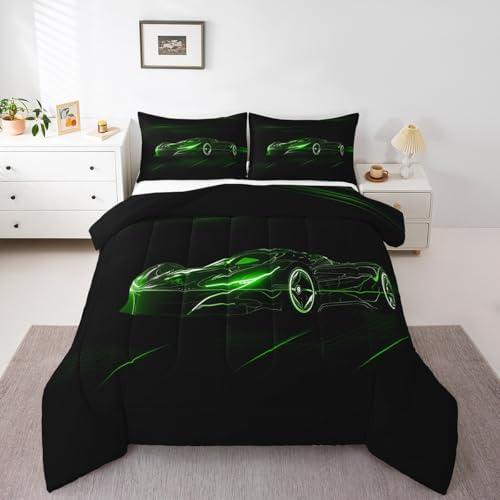 Feelyou Green Race Car Bedding Set Queen Size for Kids Teens