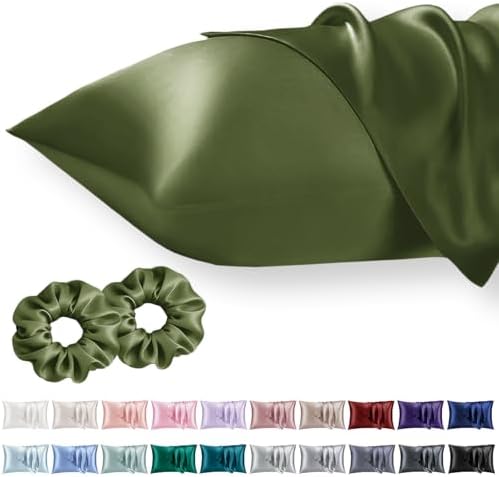 Vielit Standard Satin Pillowcase for Hair 2pc,Similar to Silk Pillow Cases, for Women Men,Olive Green,20x26 & Envelope Closure and 2 Satin Scrunchies
