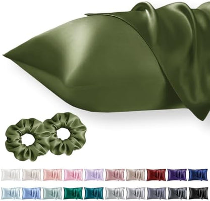 Vielit Standard Satin Pillowcase for Hair 2pc,Similar to Silk Pillow Cases, for Women Men,Olive Green,20x26 & Envelope Closure and 2 Satin Scrunchies