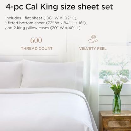 Threadmill 600 Thread Count Cotton Cal King Sheet Set, Sateen, White