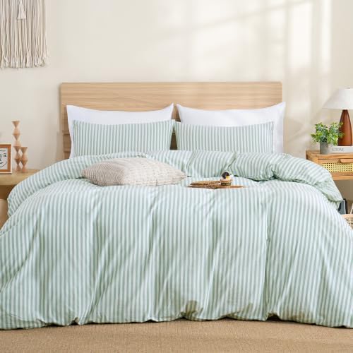 TOCOMOA Sage Green Striped Duvet Cover Set Washed Cotton Like Linen, Queen