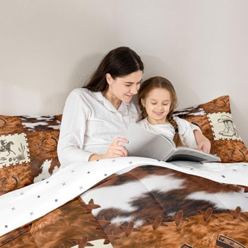 jejeloiu Cow Fur Print Kids Comforter Set Queen Size Animal Skin Bedding Set Checkered Duvet Quilt for Kids Boys Girls Bedroom Decor Microfiber Ultra Soft Breathable