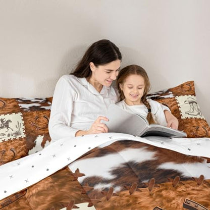 jejeloiu Cow Fur Print Kids Comforter Set Queen Size Animal Skin Bedding Set Checkered Duvet Quilt for Kids Boys Girls Bedroom Decor Microfiber Ultra Soft Breathable