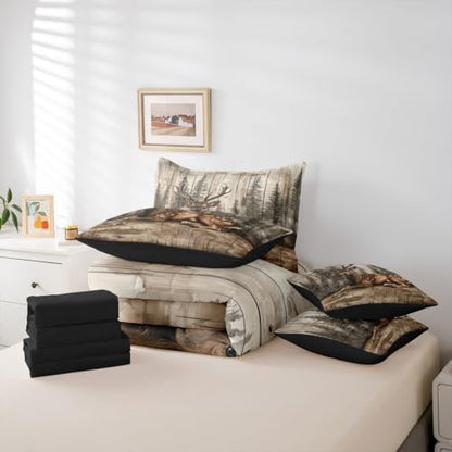 Erosebridal Jungle Deer Full Comforter Set with Sheets 7 Piece Wild Animal Hunting Bed in A Bag Rustic Farmhouse Cabin Bedding Sets for Women Adults Vintage Country Forest Wildlife Bed Set