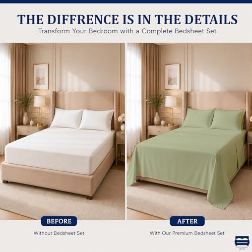 Cottingon 4 Piece Full Sheets Fits 16" Deep, Egyptian Cotton, Sage