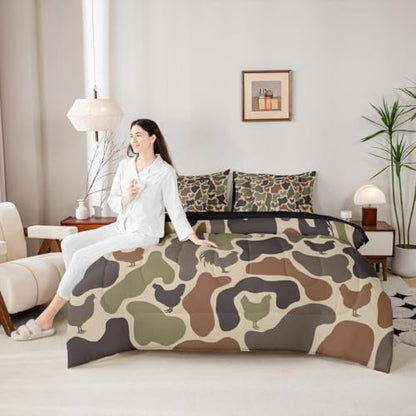 Erosebridal Rustic Camouflage Bedding Set King Chicken Camo Farmhouse Comforter Set 7 Piece Western Farm Animals Bed in A Bag for Adults Vintage Army Green Camo Rooster Quilt with Flat Fitted Sheet