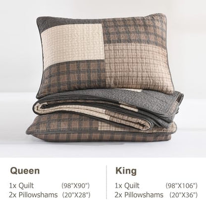 Finlonte 100% Cotton King Size Quilt, King Comforter with Pillow Shams, Farmhouse Plaid Quilted Bedspread, Lightweight Soft Quilt Bedding Set, Brown/Beige/Gray