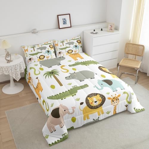 Feelyou Wild Animals Comforter Set Safari Animals Print Comforter for Boys Girls Teens Cute Hippo Crocodile Lion Bedding Set Kids Cartoon Elephant Giraffe Duvet Set Room Decor Quilt Set Queen Size