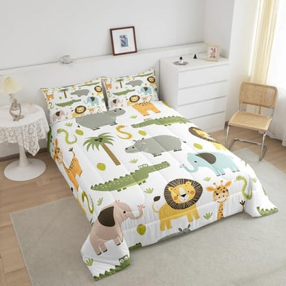 Feelyou Wild Animals Comforter Set Safari Animals Print Comforter for Boys Girls Teens Cute Hippo Crocodile Lion Bedding Set Kids Cartoon Elephant Giraffe Duvet Set Room Decor Quilt Set Queen Size