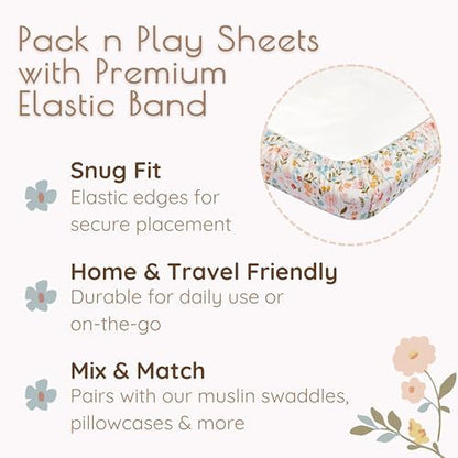 2-Pack Muslin Pack and Play Sheets Fitted, Cotton Muslin Mini Crib Sheets Girl, 27" x 39", Fits Graco Pack n Play Mattress, Playpen Sheets Pack n Play, Oeko-Tex (Floral Pink Pack n Play Sheets)