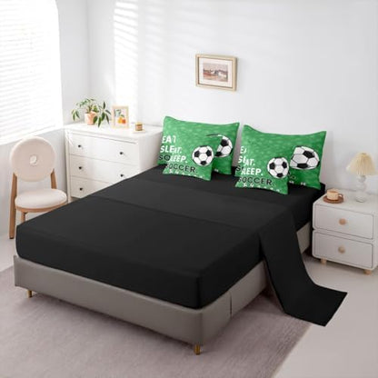 Erosebridal Soccer Gaming Green 7 Piece Bedding Set Twin | Playground Boys Comforter Set with Sheets Ball Games Theme Bed in A Bag Football Sports Bed Sets
