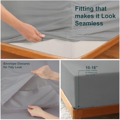 NON Sticky cotton King 4 Piece Sheet Set, 100% Long Staple Cotton, Soft Cooling Hotel Luxury Bedding Sheets, Deep Pocket Fits 10" to 18" Mattress, 78" x 80", Light Grey Solid