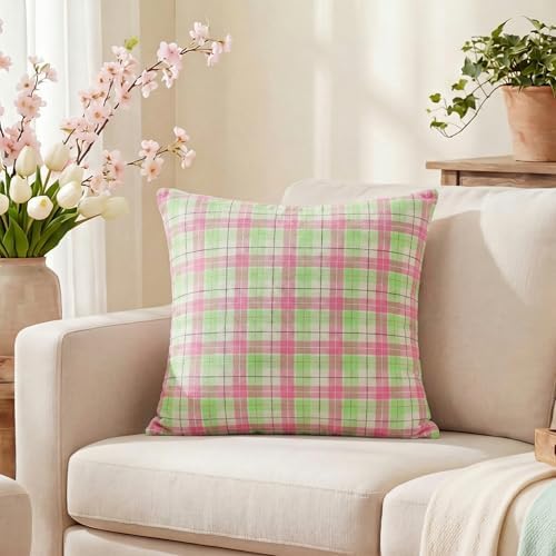 AVOIN colorlife Spring Summer Green Pink Plaid Decorative Throw Pillow Covers, 18 x 18 Inch Holiday Scottish Tartan Cushion Case Farmhouse Decoration for Sofa Couch Set of 2
