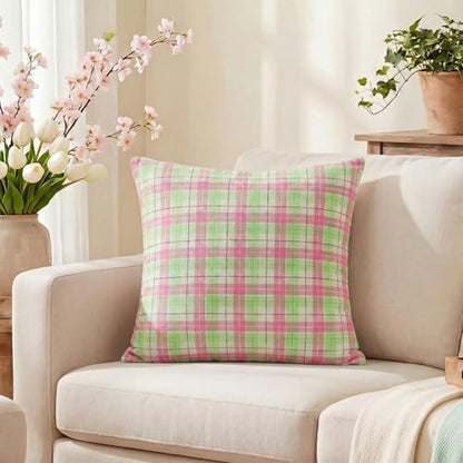 AVOIN colorlife Spring Summer Green Pink Plaid Decorative Throw Pillow Covers, 18 x 18 Inch Holiday Scottish Tartan Cushion Case Farmhouse Decoration for Sofa Couch Set of 2