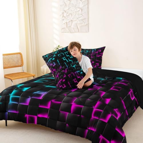 Erosebridal Geometric Checkered Comforter Set Toddler Neon Teal Purple Bedding Set for Kids Boys Teen Men Gamer Room Decor,Abstract Ombre Plaid Comforter Grids Quilt Duvet Black