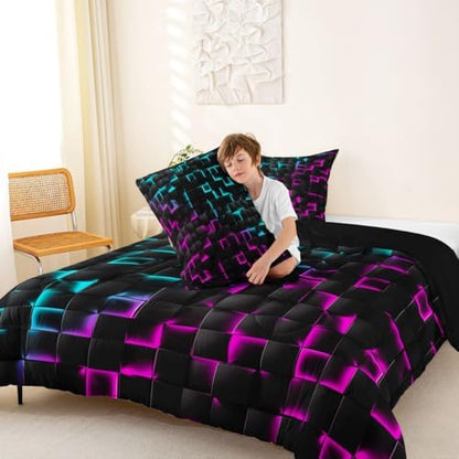 Erosebridal Geometric Checkered Comforter Set Toddler Neon Teal Purple Bedding Set for Kids Boys Teen Men Gamer Room Decor,Abstract Ombre Plaid Comforter Grids Quilt Duvet Black