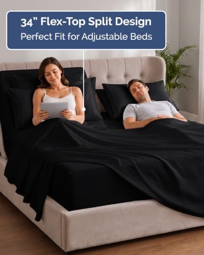Extra Deep Flex Top Split Head King Sheet Set - 6pc Cooling Sheets - Black