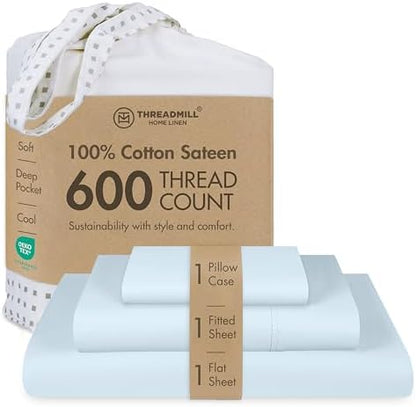 Threadmill 600 Thread Count Cotton Twin Sheet Set, Sateen, Blue, 3-Piece