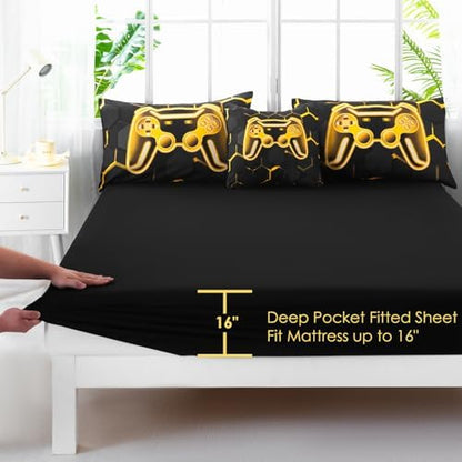 6 Pieces Gamer Comforter Set Full Size 3D Game Console Kids Bedding Set for Boys Black and Gold Gaming Comforter Set with Sheets Gamepad Printed Teen Boy Bed Sets (Gold, Full)