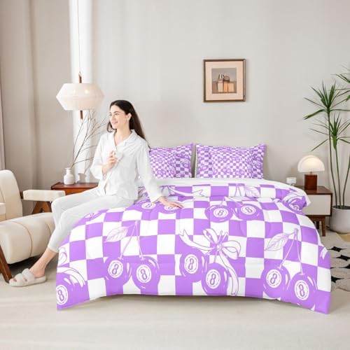 Lucky 8 Ball 7 Piece Bedding Set Twin Purple Fashion Y2K Comforter Set For Kids Boys Girls Coquette Bow Bed In A Bag With Sheets Violet White Checkered Plaid Bed Set Trendy Aesthetic Preppy Room Decor