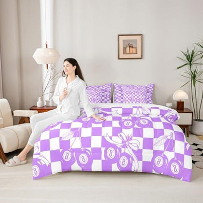 Lucky 8 Ball 7 Piece Bedding Set Twin Purple Fashion Y2K Comforter Set For Kids Boys Girls Coquette Bow Bed In A Bag With Sheets Violet White Checkered Plaid Bed Set Trendy Aesthetic Preppy Room Decor