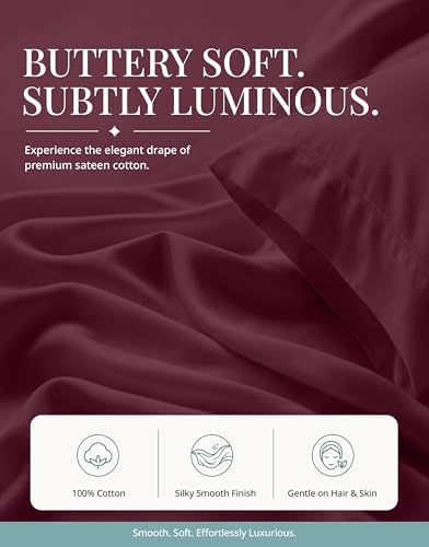 450TC 100% Cotton Twin Single Bed Sheets - Soft Sateen Weave, Windsor Wine